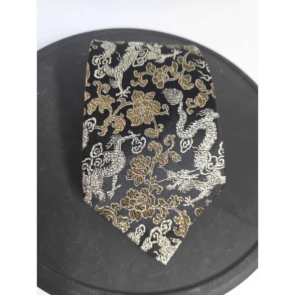 Nanjing Yun Brocade Research Institute Mens Black Gold Metallic Silk Dragon Tie
